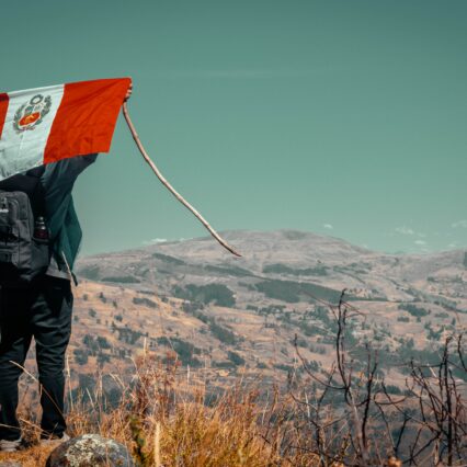A person holding up the flag of Peru.