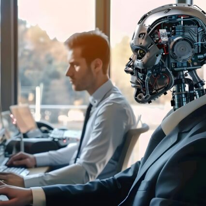 The picture shows a human and a roboter sitting next to each other