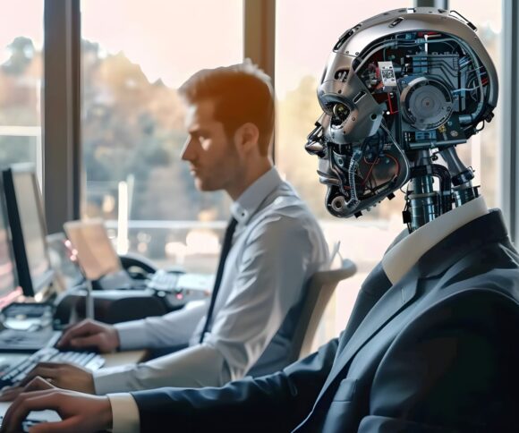 The picture shows a human and a roboter sitting next to each other